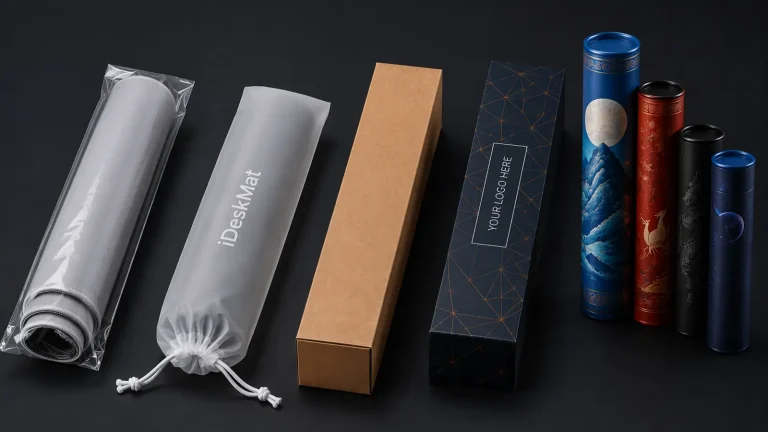 Various branded packaging options for custom mouse pads and desk mats at iDeskMat factory, including tubes and gift boxes