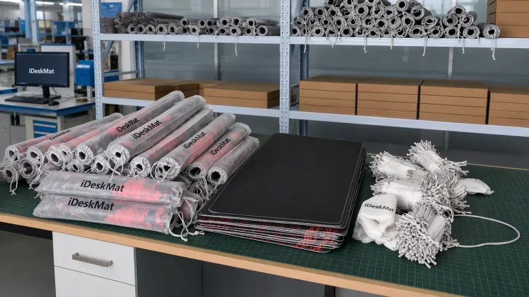 Professional QA station 100% full inspection at iDeskMat factory, verifying surface quality and edge stitching for finished mouse pads and desk mats.
